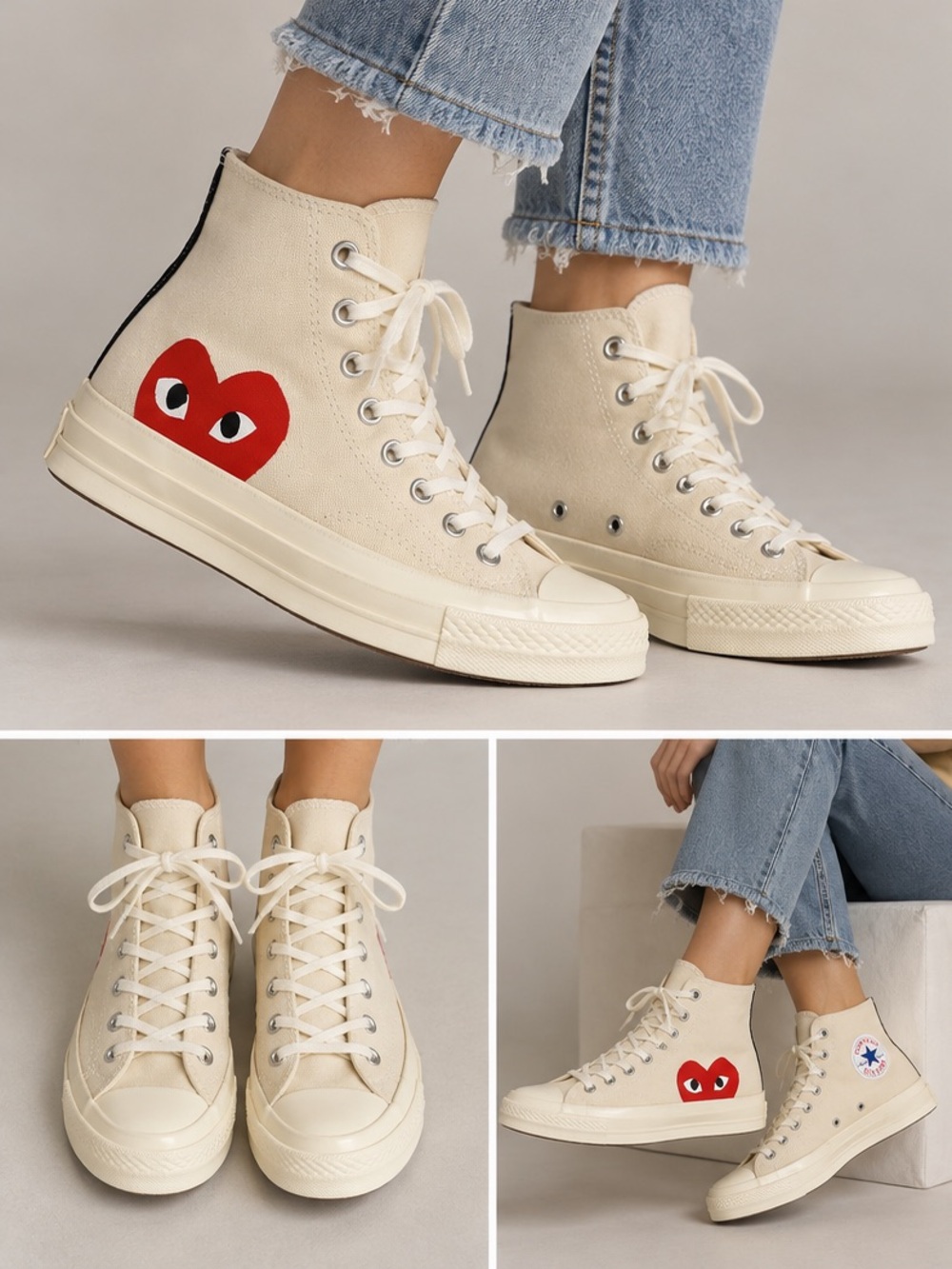 Comme des Garçons PLAY x Converse Chuck 70 Hi Cream Red Heart Sneakers W7 M5